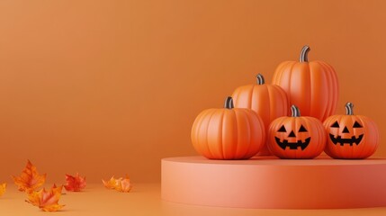 Wall Mural - Halloween product display with pumpkins and empty minimal podium pedestal, 3D illustration, clean background