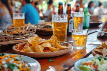 Poster - A wooden table set with plates of various foods and drinks, perfect for outdoor gatherings or picnics