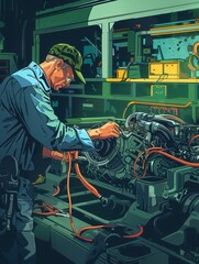 Leinwandbilder - A mechanic conducts a computer diagnosis on a vehicle while working on the engine repair in an auto shop. Generative AI