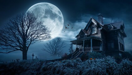 Happy Halloween background with haunted mansion and big moon; a spooky scary house mansion with eerie background with dead trees and a big glowing moon; 3D art