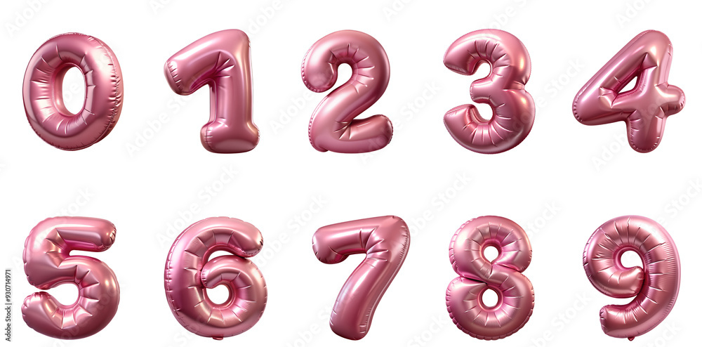 Rose gold foil pink 3d helium balloon set of numbers 0-9. Cutout PNG ...