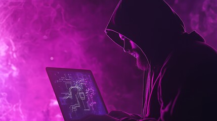 Wall Mural - A hooded figure working on a laptop with digital graphics in a purple atmosphere.