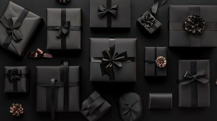 Wall Mural - Christmas themed gift boxes neatly arranged with black wrapping paper and ribbon against a black backdrop