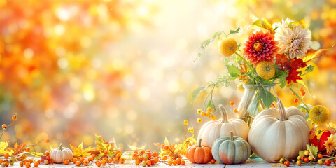 Wall Mural - Festive Autumn Still Life with Pumpkins, Flowers, and Colorful Leaves in Warm Sunlight. banner