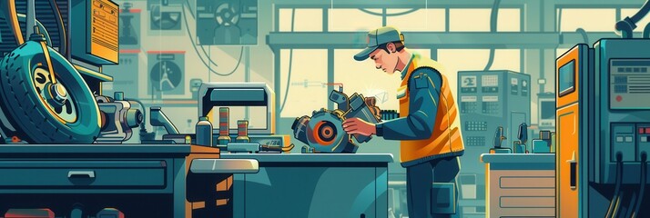Poster - A mechanic conducts computer diagnostics while repairing an engine in a well-equipped automotive workshop filled with tools and machinery. Generative AI