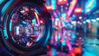 © Евгений Архипов - Close-up of a high-resolution camera lens with reflections of digital screens and neon lights