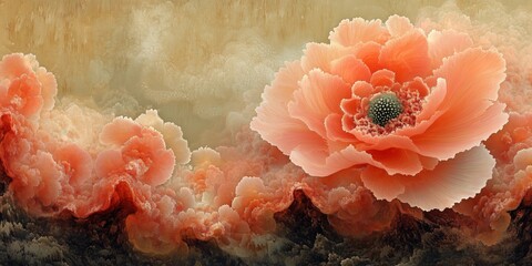 Wall Mural - Antique Sepia Fractal Art: Coral and Lime Dance on Wood, generative ai