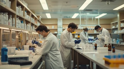 Poster - A group of scientists working together in a modern laboratory setting