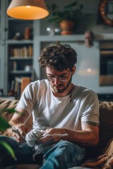 Poster - Man sits on a couch with a laptop, focused on his work