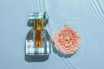 Wall Mural - Beautiful rose flower and perfume bottle in water on light blue background, flat lay