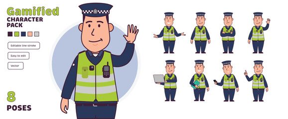 Wall Mural - Simple flat gamified police man officer vector character in a set of multiple poses. Easy to edit and isolated on a white background. Modern trendy style character pack with lots of poses.	