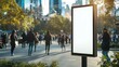 © cvetikmart - Empty advertising banner in a bustling urban park, people blurred in motion with greenery and modern city buildings creating a lively, calm atmosphere. Empty banner, blurred people