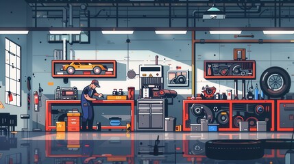 Poster - A mechanic is performing computer diagnostics on a vehicle while working on engine repairs in a well-equipped auto shop. Generative AI