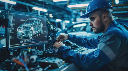 Fototapete - A mechanic is analyzing data on a computer while working on engine repair in a modern automotive workshop. Generative AI