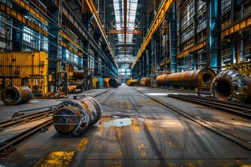 Poster - A large industrial building with many pipes and equipment