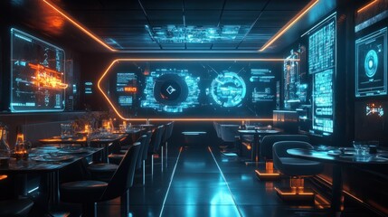 Wall Mural - The interior of a futuristic restaurant with holograms or smart panels for customers to use