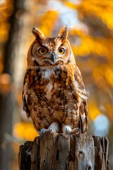 Wall Mural - An owl sitting on top of a wooden post