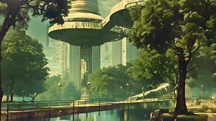 Poster - Retrofuturistic landscape in mid-century sci-fi style. Retro science fiction scene with futuristic city buildings