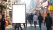 © cvetikmart - Empty advertising space in a bustling market setting, surrounded by blurred figures and vibrant stalls, standing out in a lively urban scene. Empty banner, blurred people