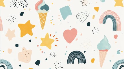 A playful pattern featuring ice cream cones, stars, hearts, and rainbows in pastel colors, creating a cheerful and whimsical design