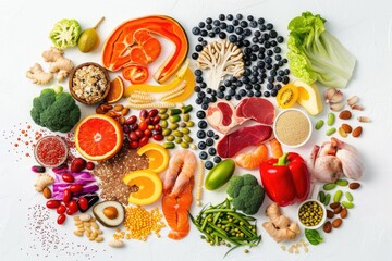 Poster - A variety of fresh fruits and vegetables displayed on a white table