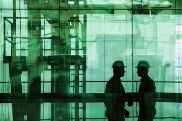 Poster - Two construction workers stand in front of a large glass wall, likely part of a building project