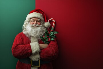 'A timeless image of Santa Claus standing with arms crossed, featuring a festive red and green backdrop with holly and a candy cane.'