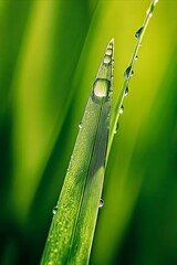 A close up of a blade of grass with water droplets on it