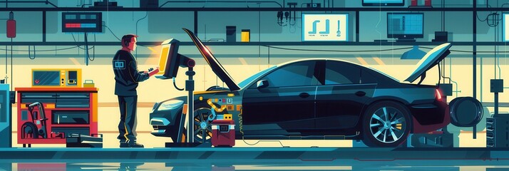 Poster - A mechanic performs a computer diagnosis and works on engine repairs in a well-equipped automotive workshop. Generative AI