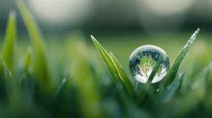 A pristine dewdrop perched on a green blade of grass, perfectly encapsulating the imagery of a globe, promoting thoughts of ecological preservation and global unity.