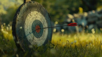 Poster - A picture of an archery target with an arrow inserted, useful for sports or outdoor theme illustrations