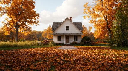 Aufkleber - A white house with a porch sits in a field of autumn leaves. The house is surrounded by trees and the leaves are scattered all around it. The scene has a peaceful and serene mood