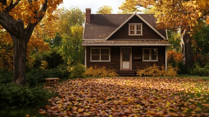 Poster - A small brown house with a porch sits in a yard full of fallen leaves. The house is surrounded by trees and bushes, giving it a cozy and peaceful atmosphere. The leaves on the ground create a warm