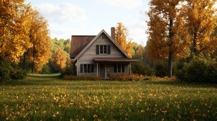 Poster - A small house with a porch sits in a field of yellow grass. The house is surrounded by trees and the sky is clear