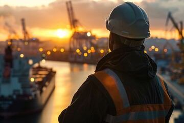 Wall Mural - A worker looks out at the harbor from a construction site, with heavy equipment and buildings in the background