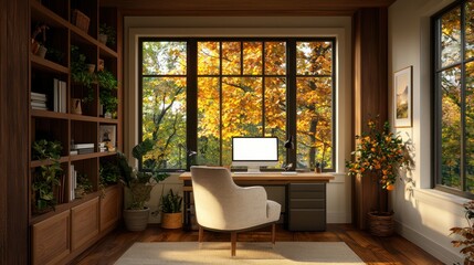Poster - A small office with a desk and chair, a potted plant, and a window with trees outside