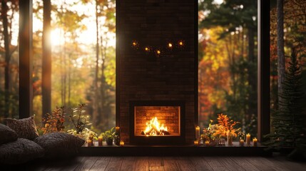 Poster - A fireplace with a mantle and a view of the woods. The fire is lit and there are candles on the mantle