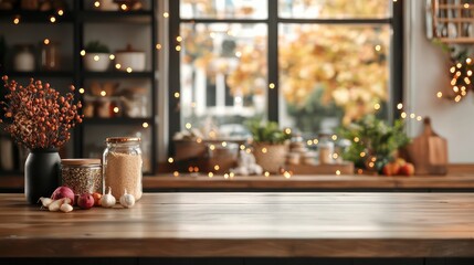 Wall Mural - A kitchen counter with a vase of flowers, a jar of garlic, and a jar of nuts