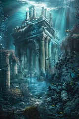 Canvas Print - A photograph of underwater ruins surrounded by various fish species