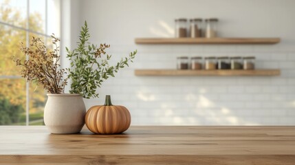 Poster - A table with two vases and a pumpkin on it. The table is in a kitchen with a window