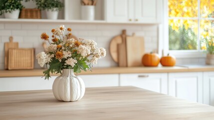 A vase of flowers sits on a wooden table in a kitchen. The flowers are white and orange, and the vase is white and orange as well. The kitchen is clean and well-organized