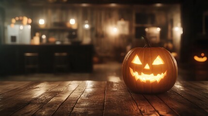 Poster - a pumpkin with a smiley face on it sits on a wooden table. the scene is set in a dimly lit room, giv