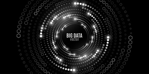 Poster - Abstract digital swirling circles of glowing hexagons. Big Data visualization into cyberspace. Spiral honeycombs with light effect. Futuristic background. Vector illustration.