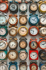 colorful wall composed of many vintage square clocks showing different times