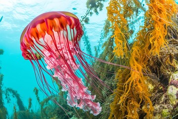 Wall Mural - An image capturing a jellyfish's gentle movements in the ocean currents, its translucent body and ethereal beauty evoking a sense of wonde