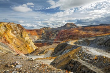 Aufkleber - A large open pit mine in a mountainous environment, suitable for use in illustrations about mining, natural resources, or environmental concerns