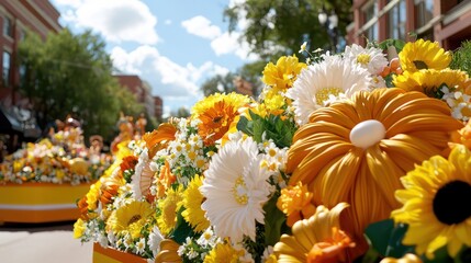 Aufkleber - A bouquet of flowers with a pumpkin on top. The flowers are yellow and white, and the pumpkin is orange. The bouquet is placed on a sidewalk
