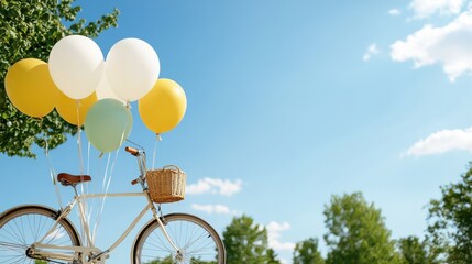 Poster - A bicycle with a basket full of balloons is sitting in a park on a sunny day. The balloons are of different colors, including yellow and white, and they are floating in the air above the bike
