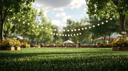 Poster - A park with a large green field and trees. The trees are lit up with lights and there are several umbrellas set up