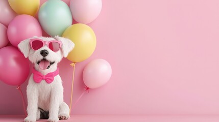 Poster - A white dog wearing sunglasses and a pink bowtie is sitting in front of a bunch of balloons
